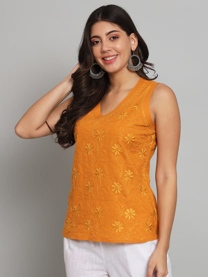 Orange Chikankari Sleeveless Top