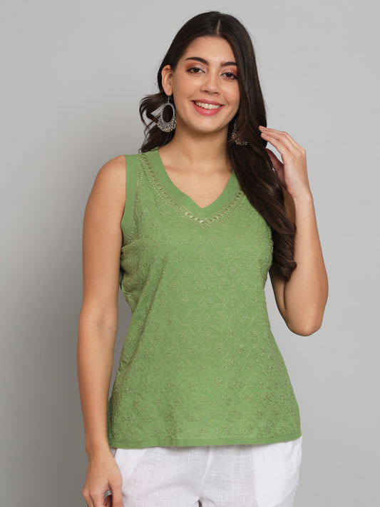 Green Chikankari Sleeveless Top