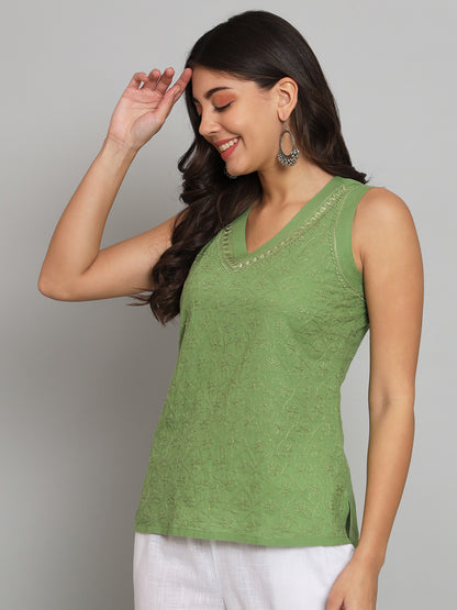 Green Chikankari Sleeveless Top