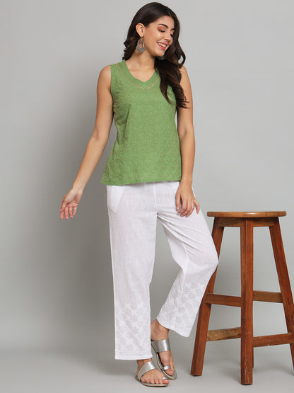 Green Chikankari Sleeveless Top