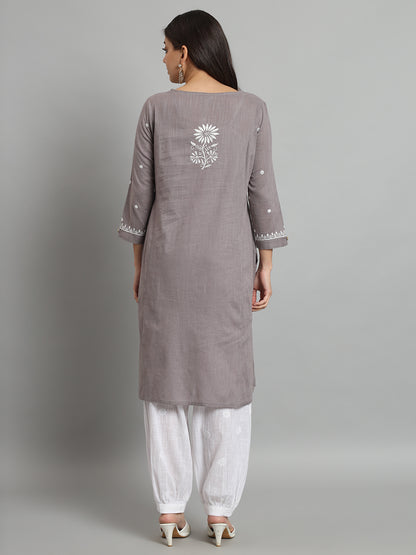 Grey Cotton Slub A-line Chikankari Kurta