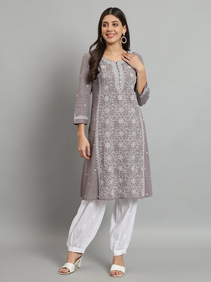 Grey Cotton Slub A-line Chikankari Kurta