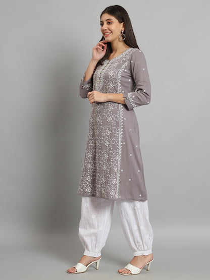 Grey Cotton Slub A-line Chikankari Kurta
