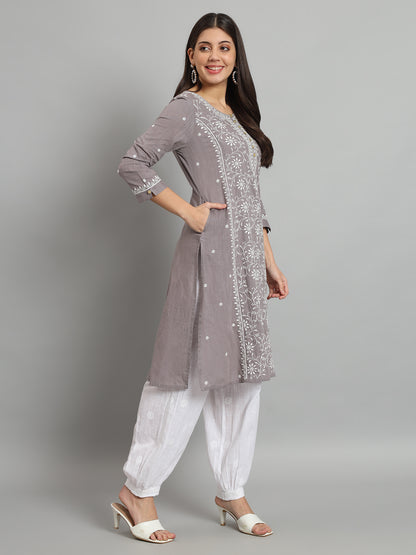 Grey Cotton Slub A-line Chikankari Kurta