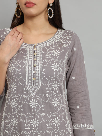 Grey Cotton Slub A-line Chikankari Kurta