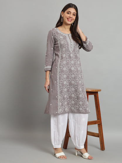 Grey Cotton Slub A-line Chikankari Kurta
