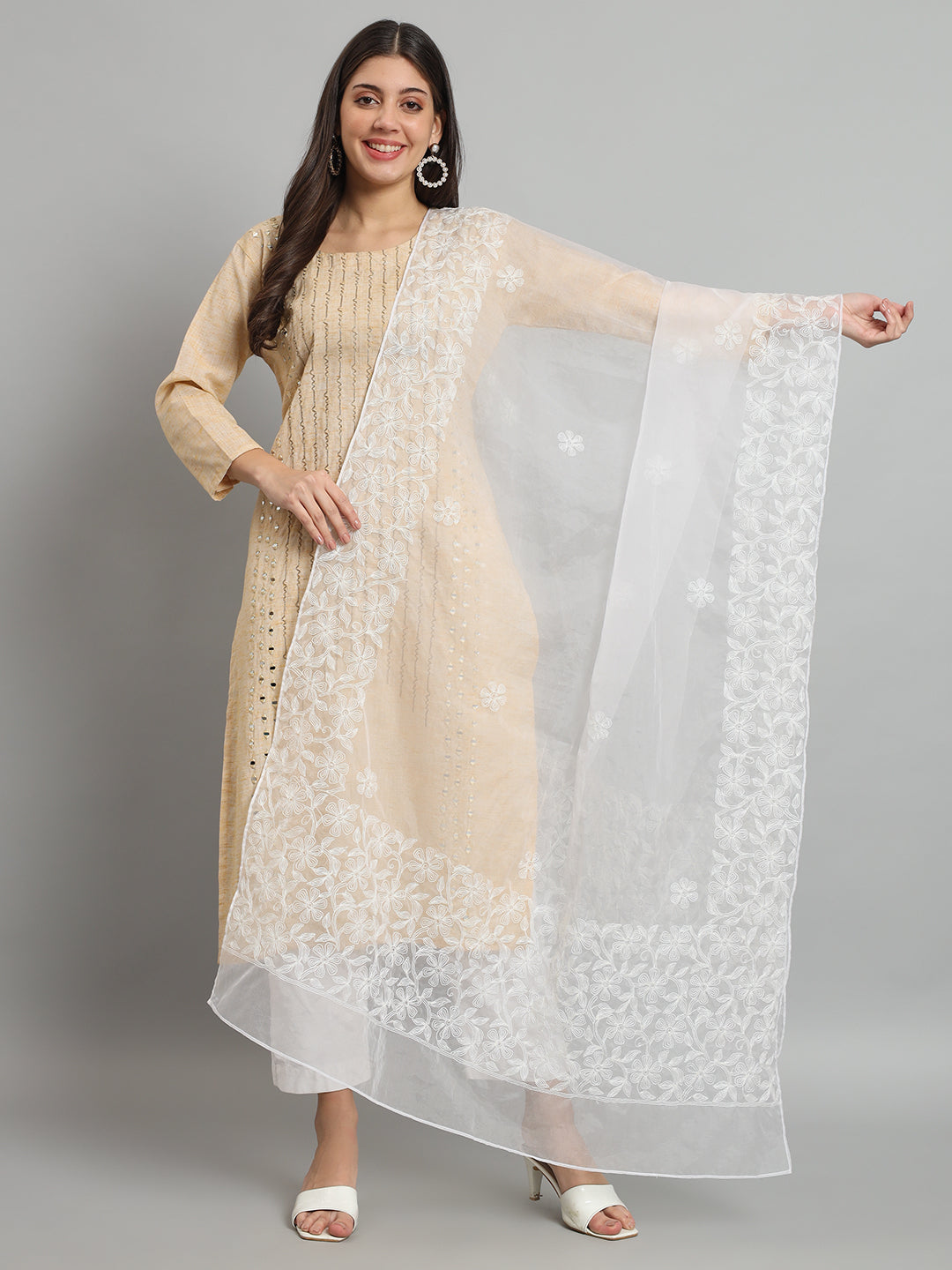 Natural White Organza Chikankari Dupatta