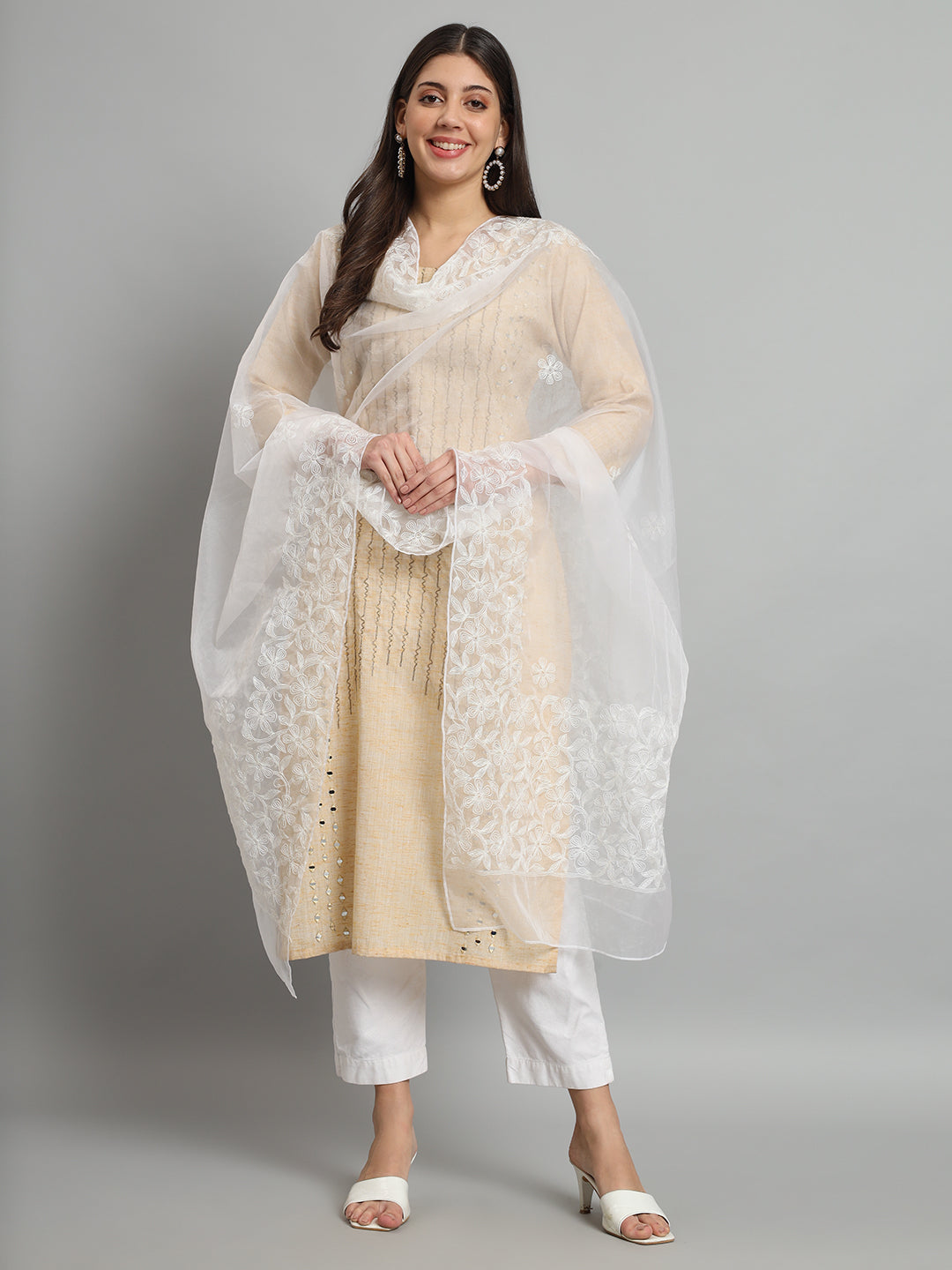 Natural White Organza Chikankari Dupatta