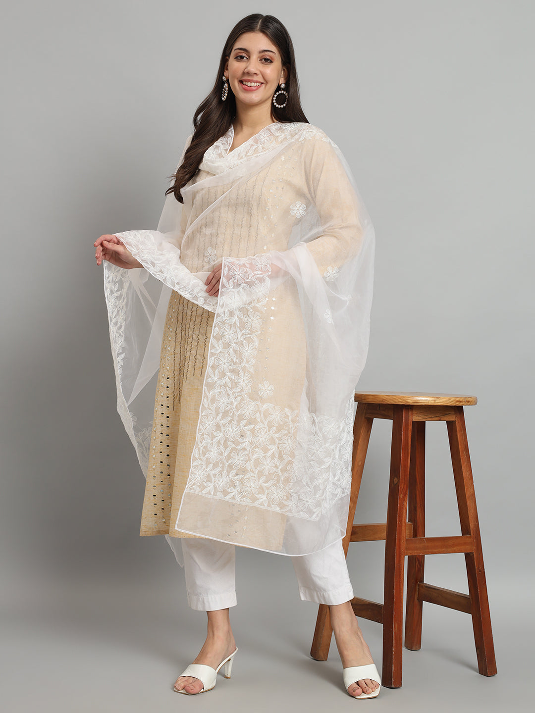 Natural White Organza Chikankari Dupatta