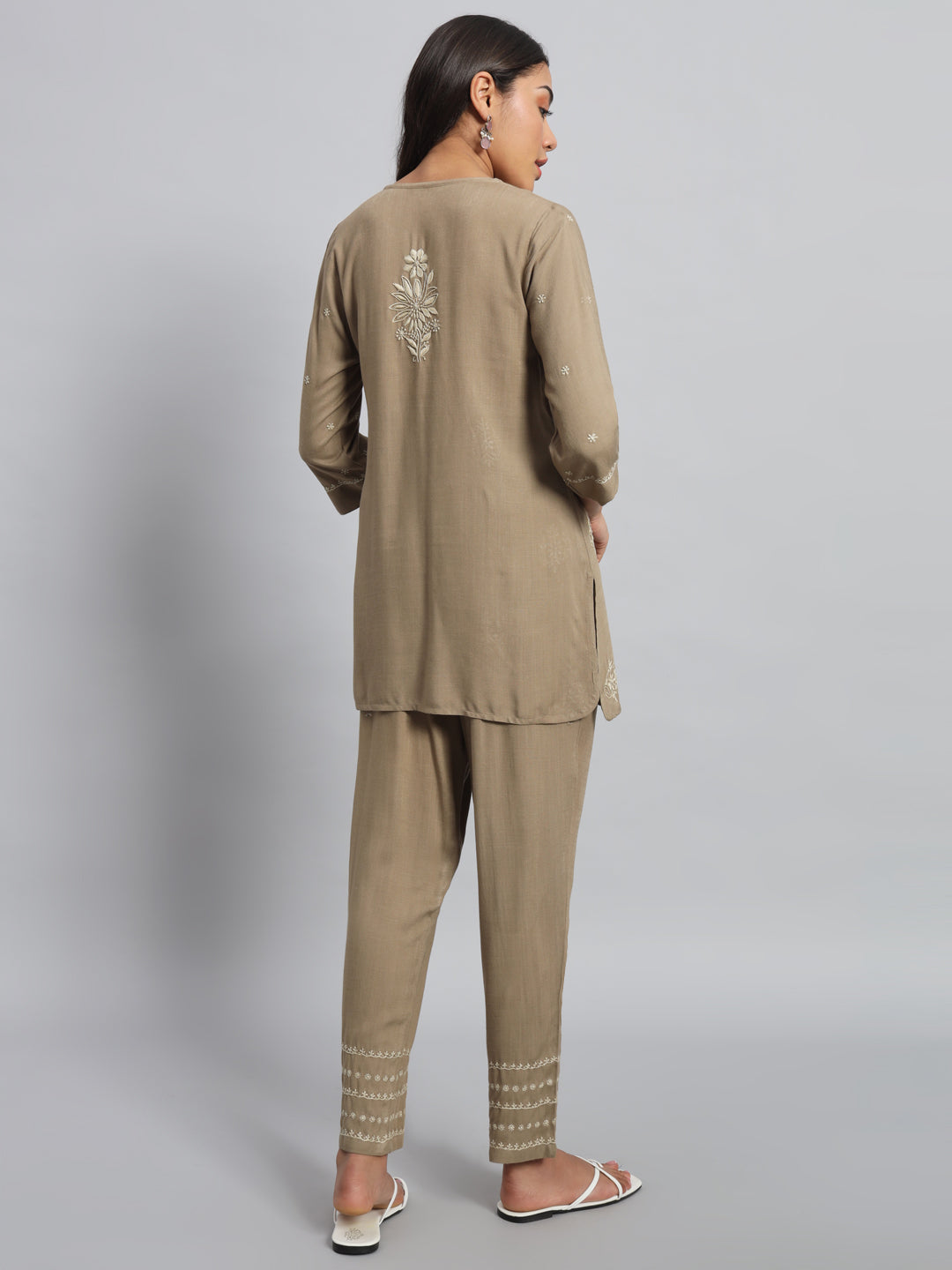 Beige Chikankari Kurta-Pant Set