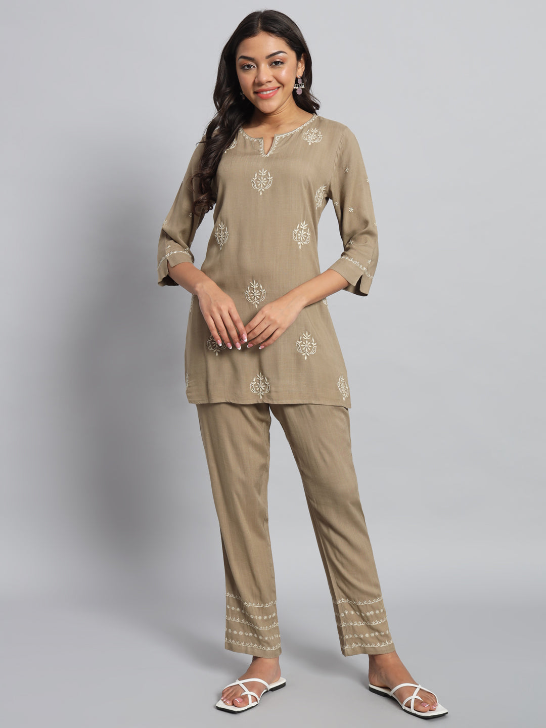 Beige Chikankari Kurta-Pant Set