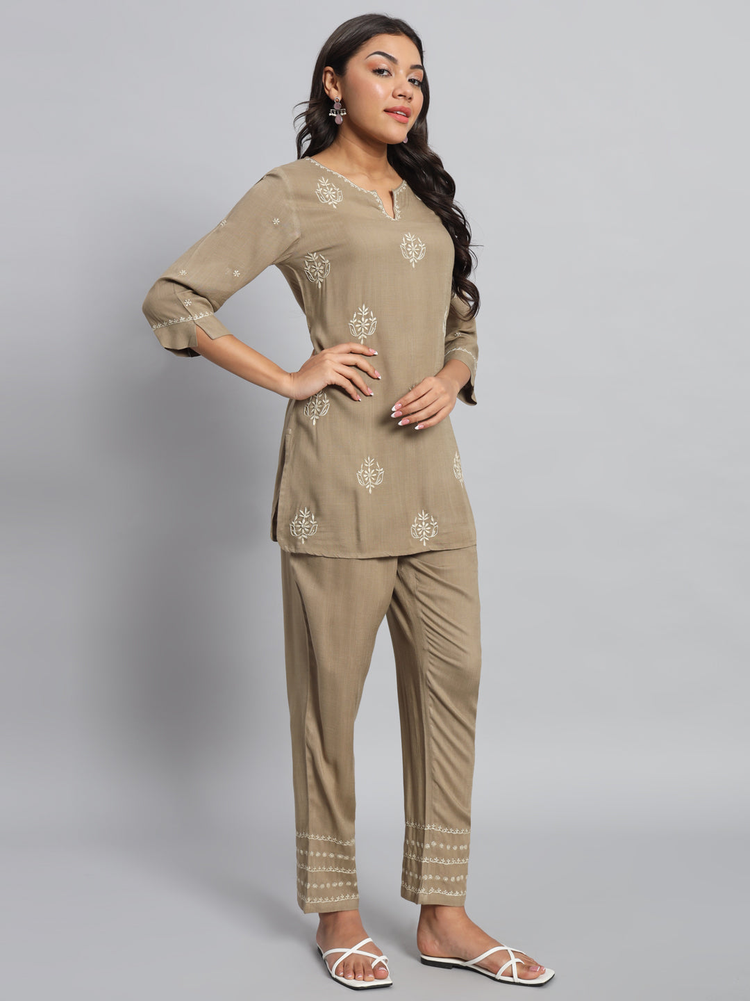 Beige Chikankari Kurta-Pant Set