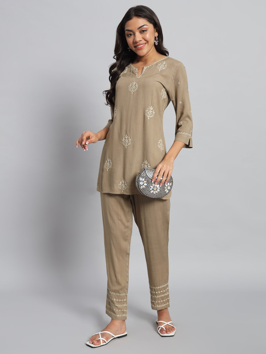 Beige Chikankari Kurta-Pant Set