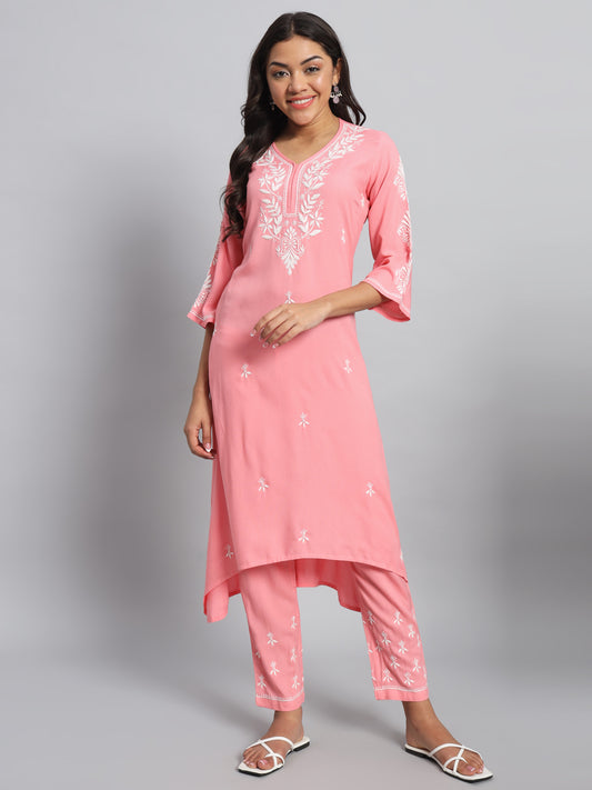 Pink Chikankari high-low Kurta with Pant