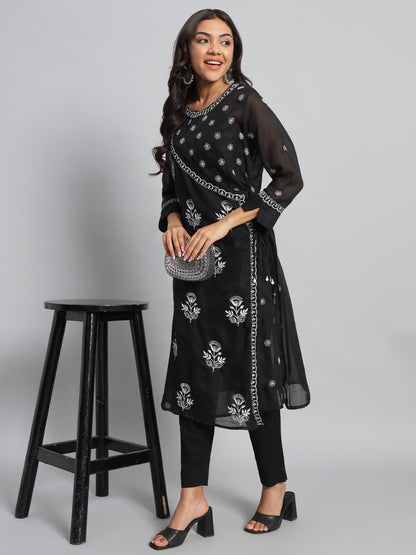 Black and White Chikankari Angarkha