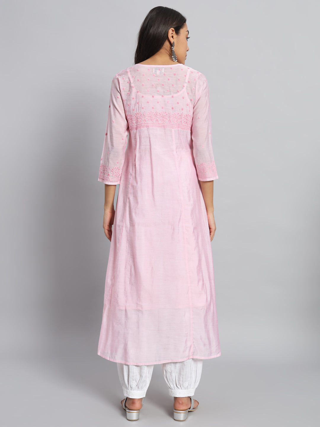 Pink Chanderi Silk Chikankari Kurta
