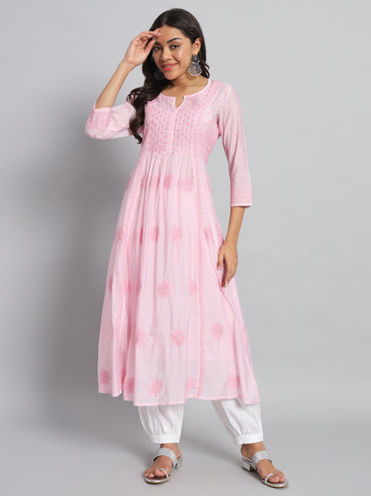 Pink Chanderi Silk Chikankari Kurta
