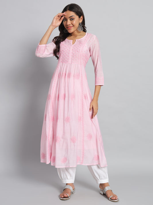 Pink Chanderi Silk Chikankari Kurta