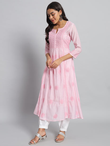 Pink Chanderi Silk Chikankari Kurta