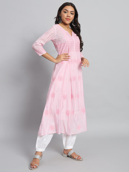 Pink Chanderi Silk Chikankari Kurta