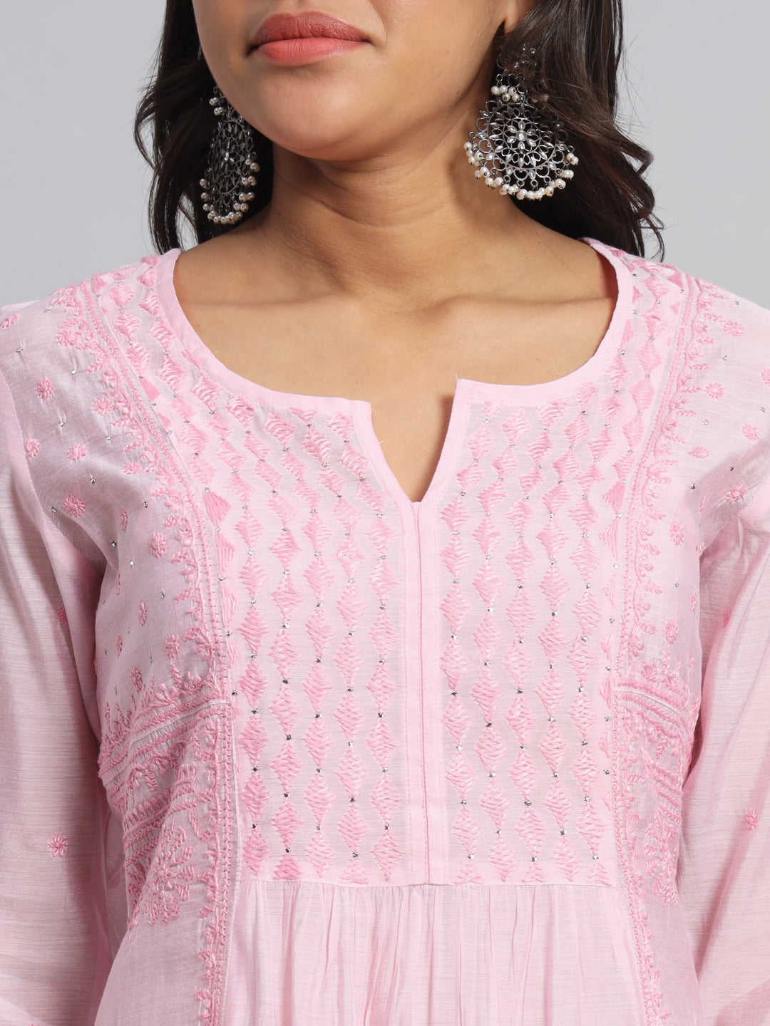 Pink Chanderi Silk Chikankari Kurta