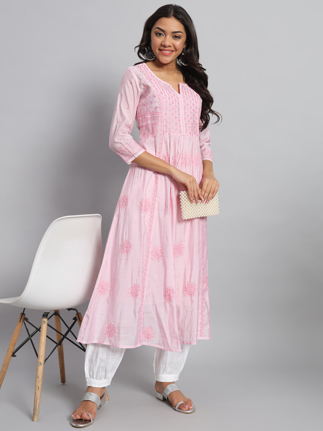 Pink Chanderi Silk Chikankari Kurta
