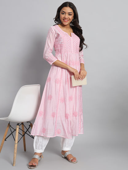 Pink Chanderi Silk Chikankari Kurta