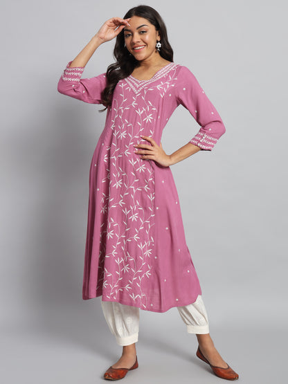 Pink Rayon Chikankari Kurta