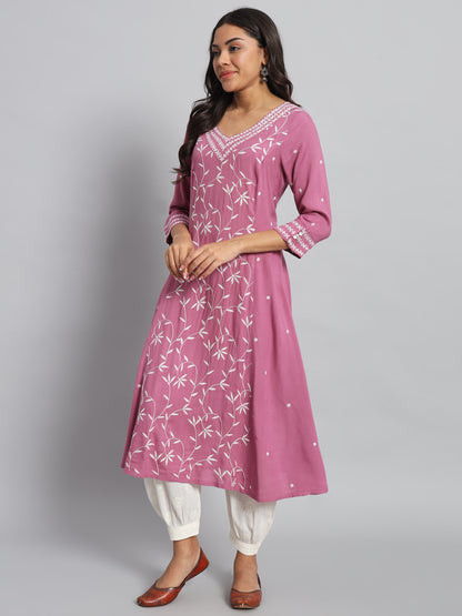 Pink Rayon Chikankari Kurta