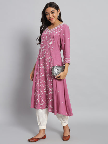 Pink Rayon Chikankari Kurta