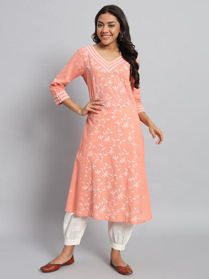 Peach Rayon Chikankari Kurta