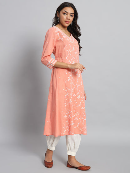 Peach Rayon Chikankari Kurta