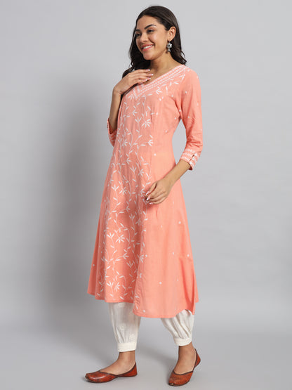 Peach Rayon Chikankari Kurta