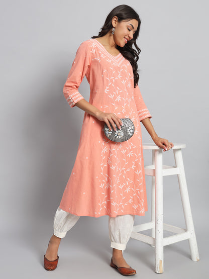 Peach Rayon Chikankari Kurta