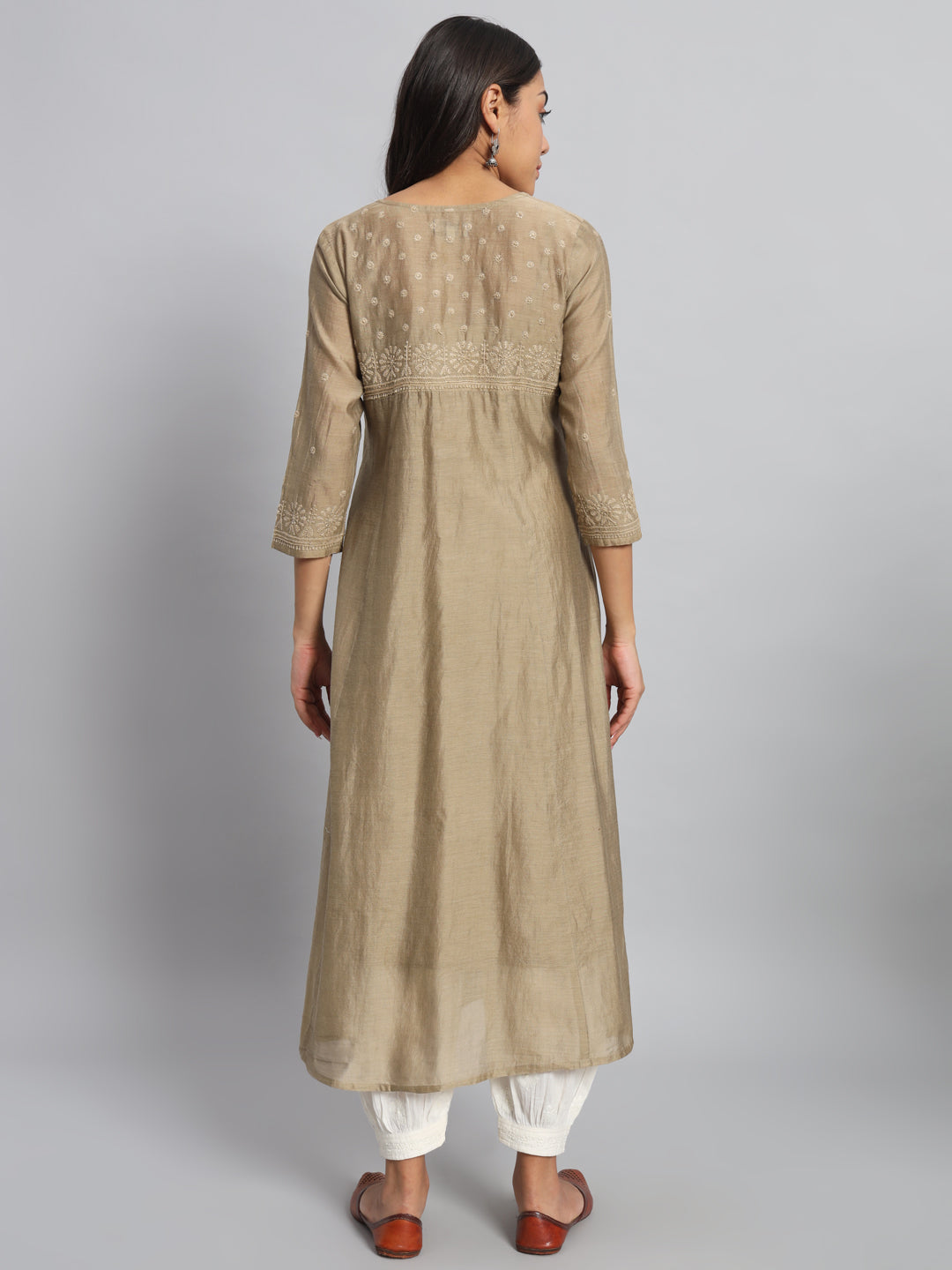Beige Chanderi Silk Chikankari Kurta