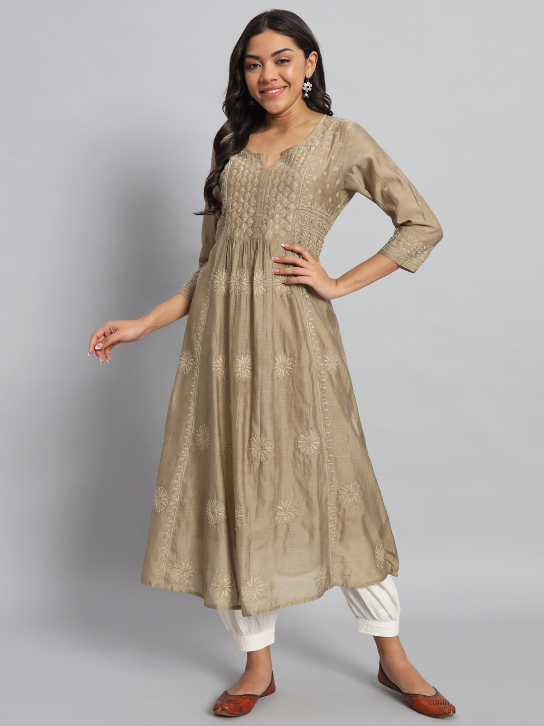 Beige Chanderi Silk Chikankari Kurta