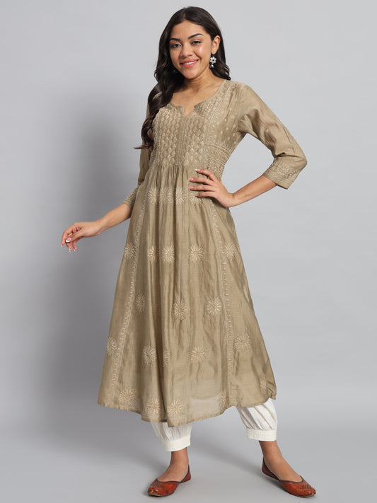 Beige Chanderi Silk Chikankari Kurta