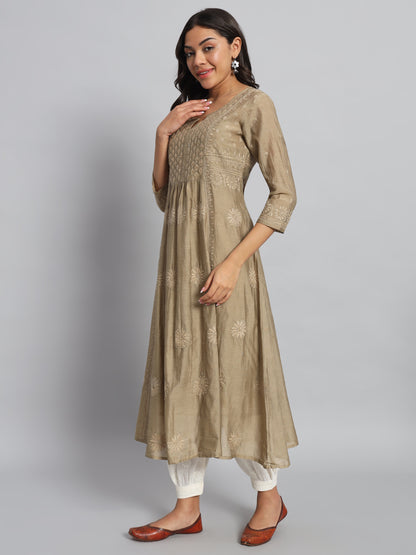 Beige Chanderi Silk Chikankari Kurta