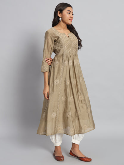 Beige Chanderi Silk Chikankari Kurta