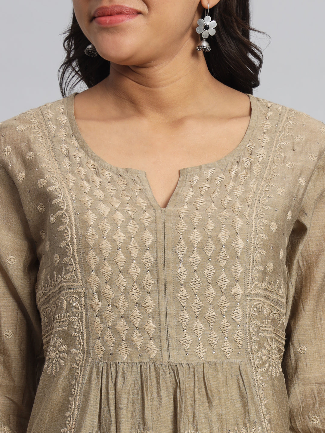 Beige Chanderi Silk Chikankari Kurta