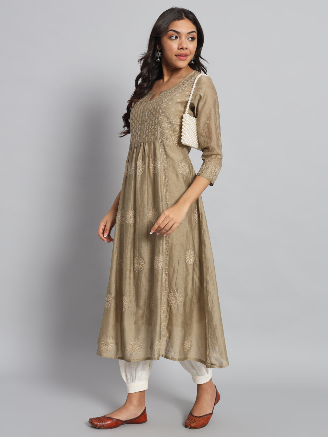 Beige Chanderi Silk Chikankari Kurta