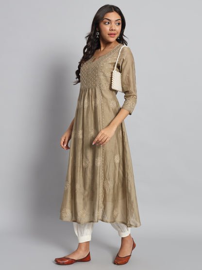 Beige Chanderi Silk Chikankari Kurta