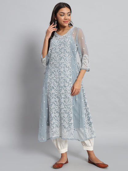 Georgette Chikankari Kurta with Side Tie-Ups