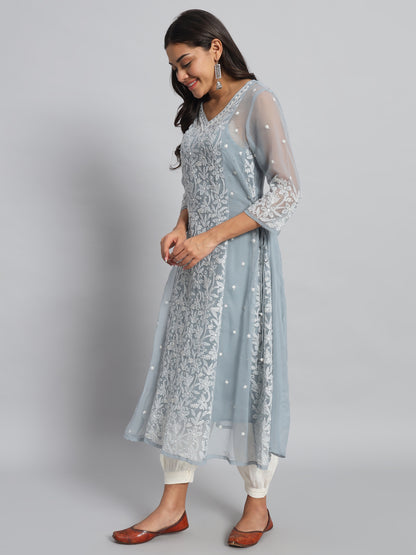 Georgette Chikankari Kurta with Side Tie-Ups