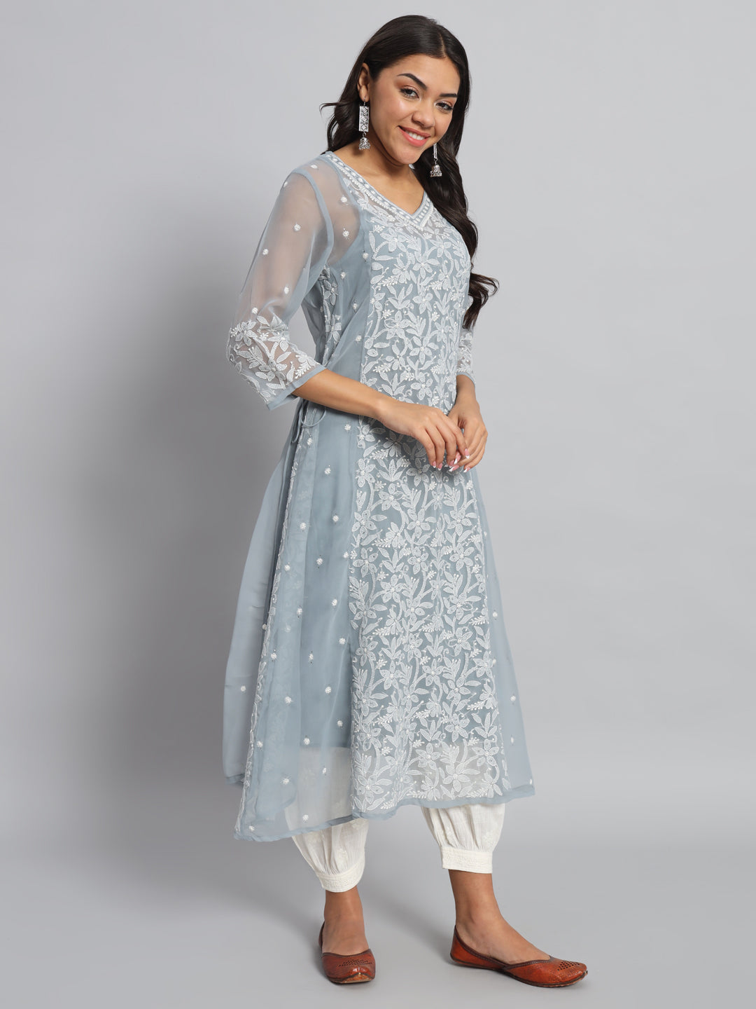 Georgette Chikankari Kurta with Side Tie-Ups