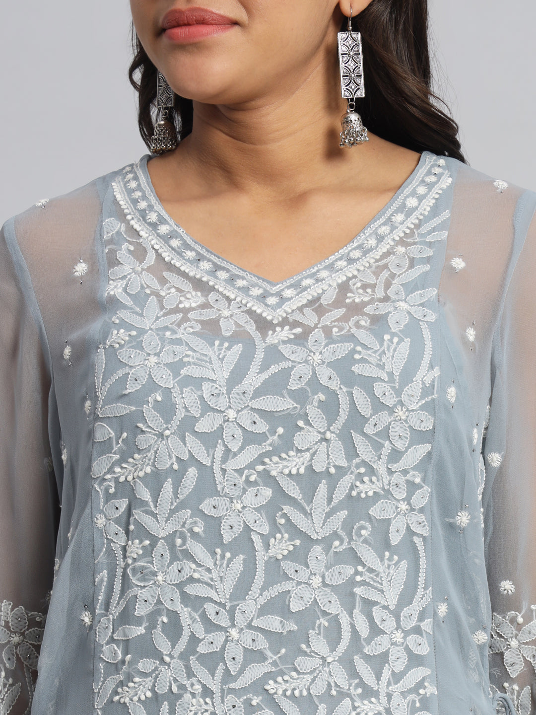 Georgette Chikankari Kurta with Side Tie-Ups