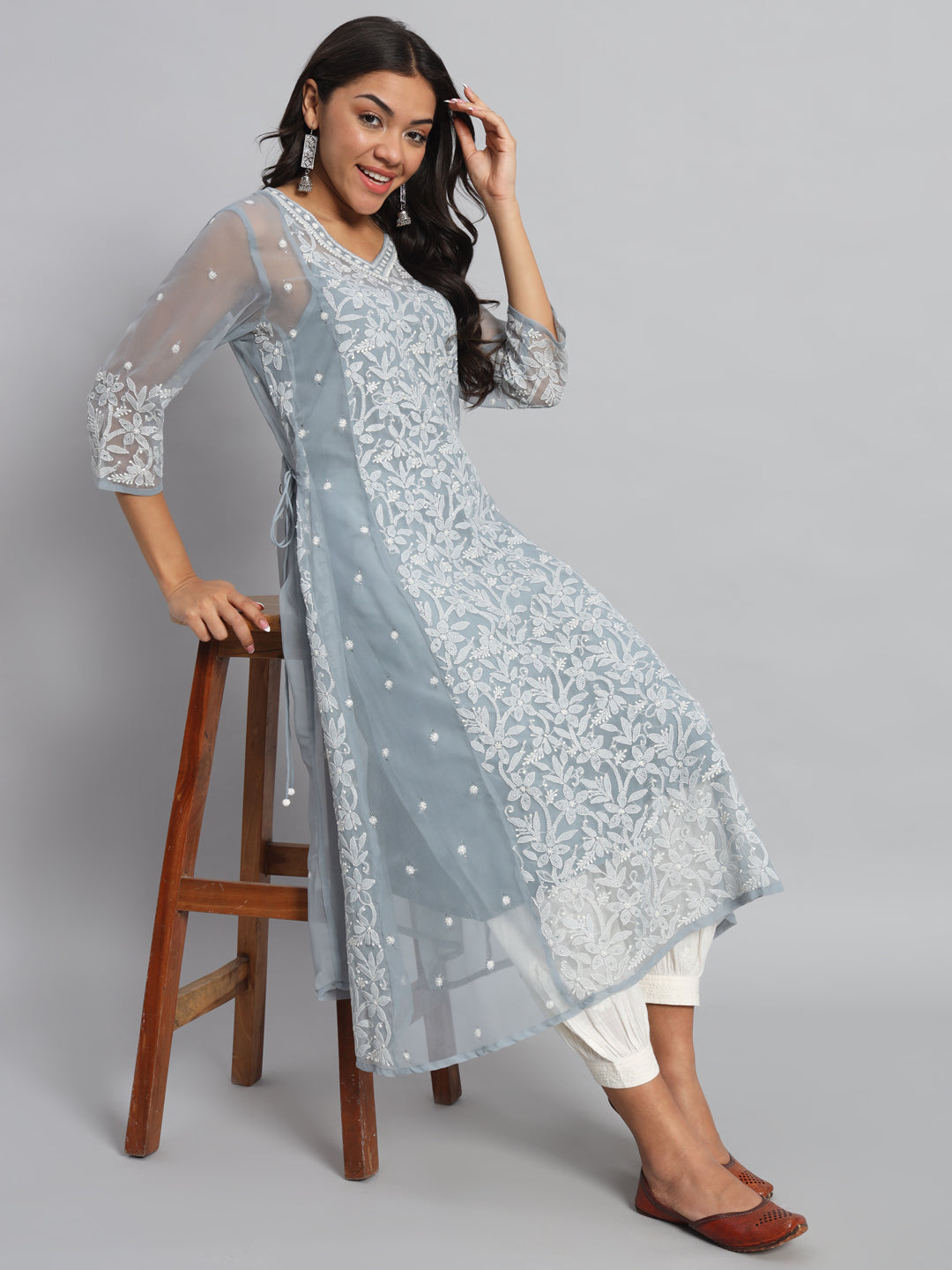 Georgette Chikankari Kurta with Side Tie-Ups