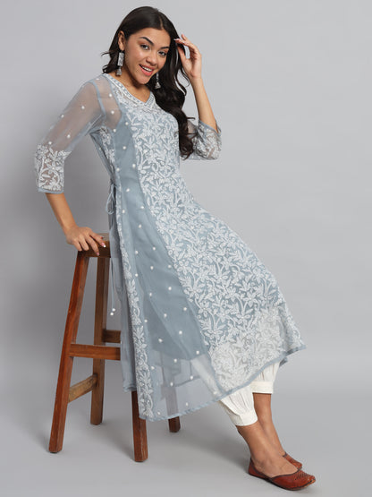 Georgette Chikankari Kurta with Side Tie-Ups