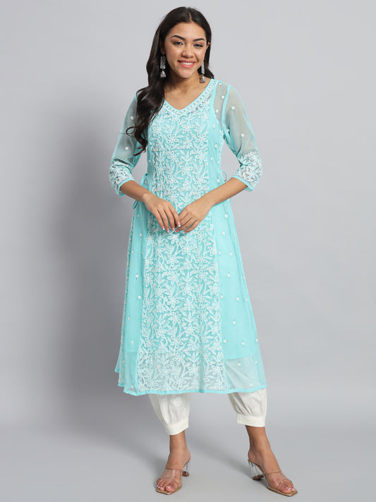 Georgette Chikankari Kurta with Side Tie-ups