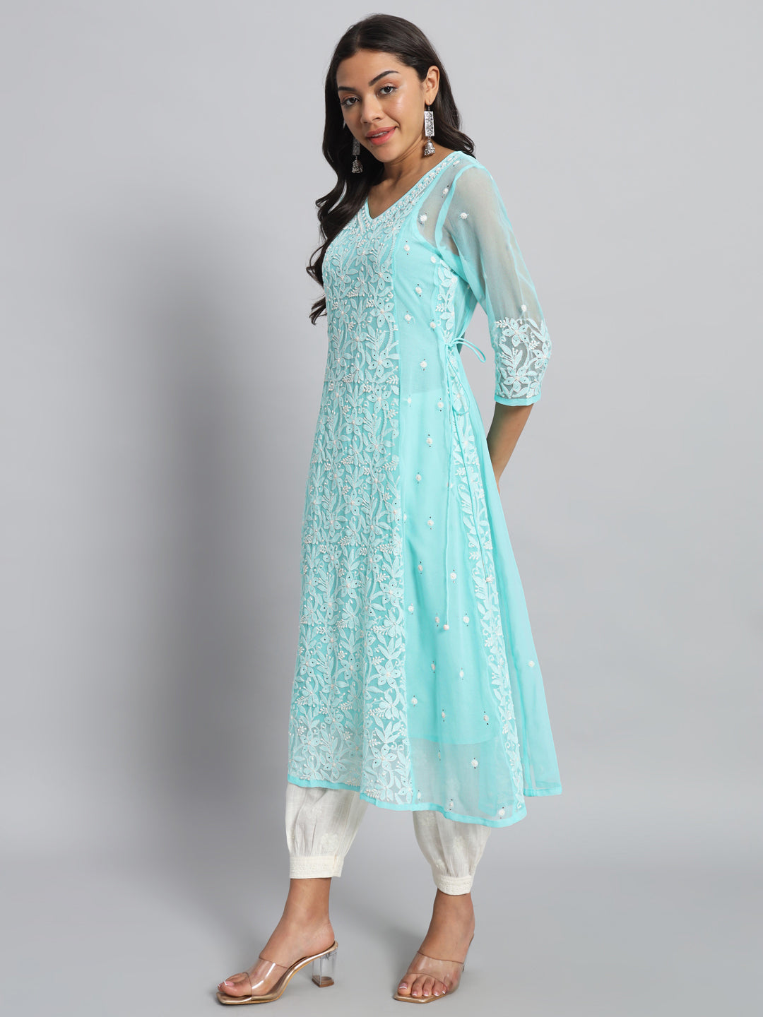 Georgette Chikankari Kurta with Side Tie-ups
